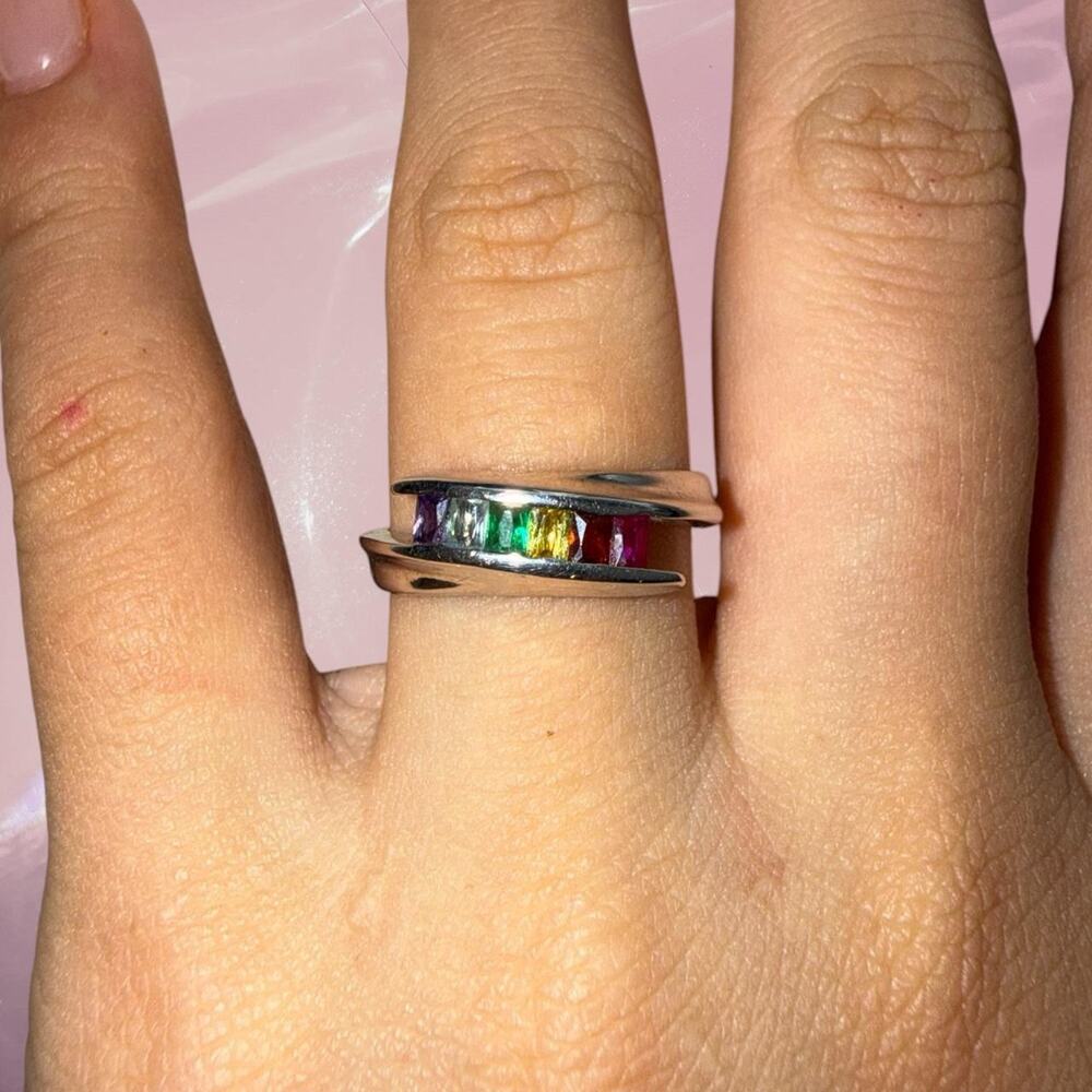 Y2K whimsy pride Rainbow 925 Sterling silver ring multicolored gemstones size 7